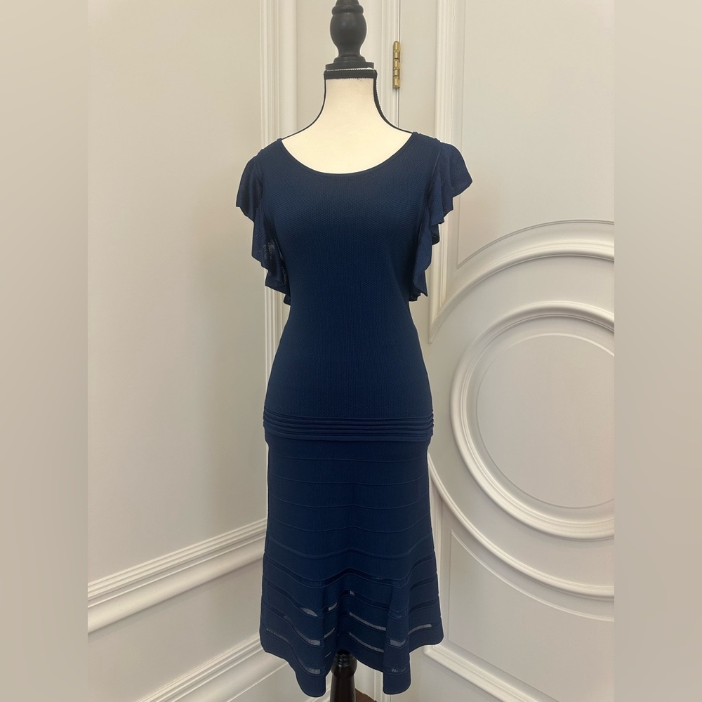 Sandro Midnight Blue Co-Ord Set with Ruffle Shirt & Skirt (Size Large)